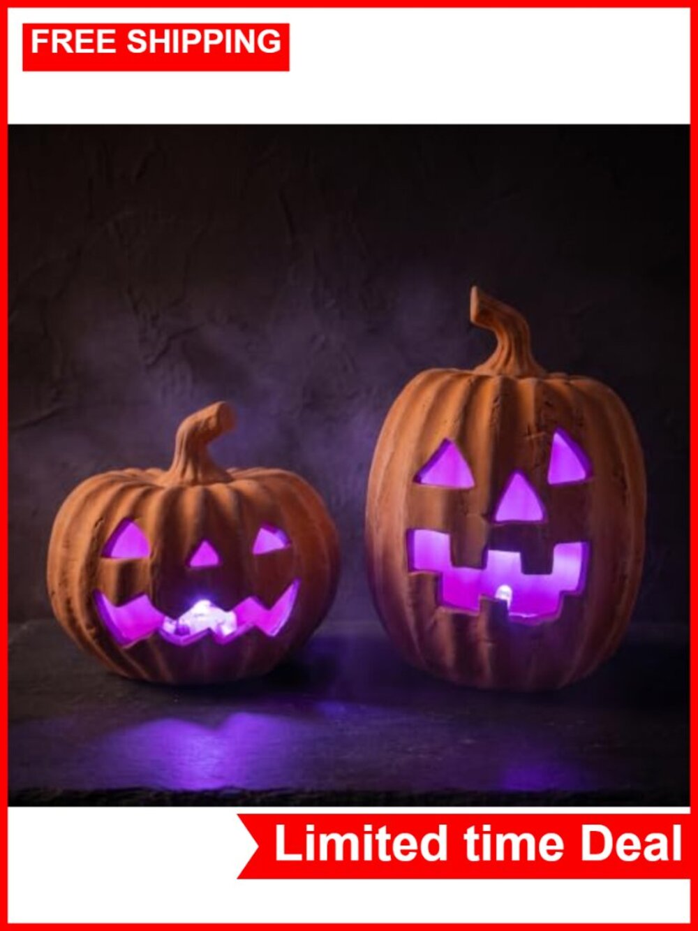 Set of 2 Terracotta LED Pumpkin Lamps with Auto Timer Halloween Decor